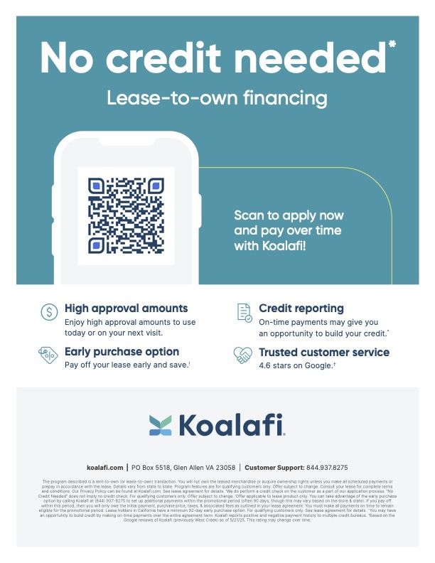 Koalafi lease-to-own flyer with QR code to apply