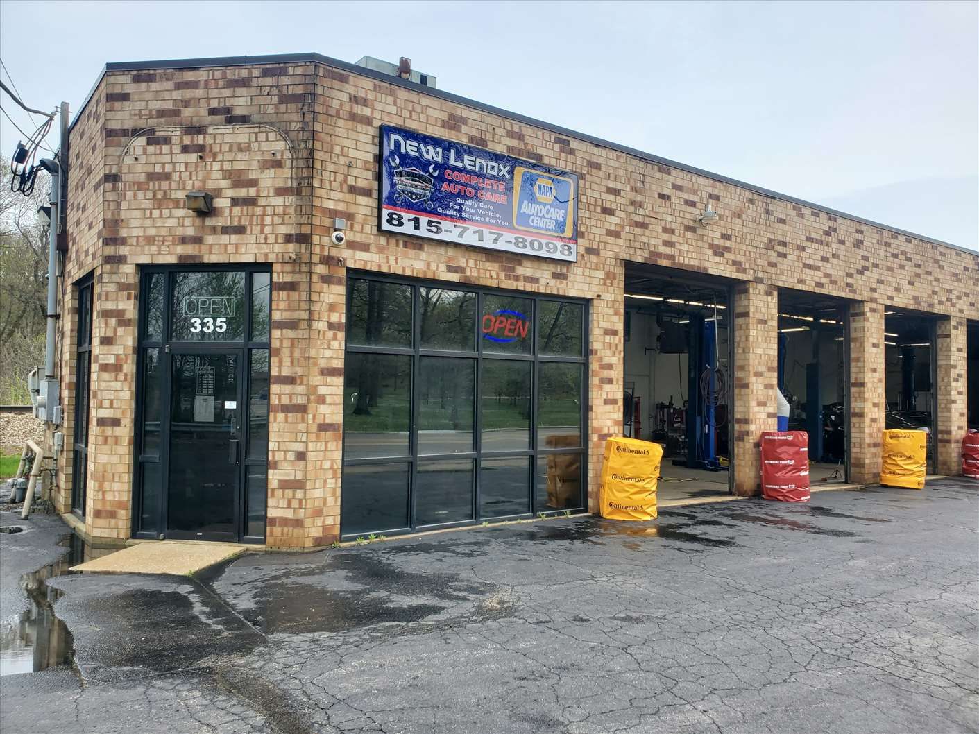 Building exterior and open service bays